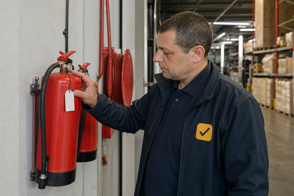 Onderhoudsmonteur controleert de drukmeter van een brandblusser aan de wand