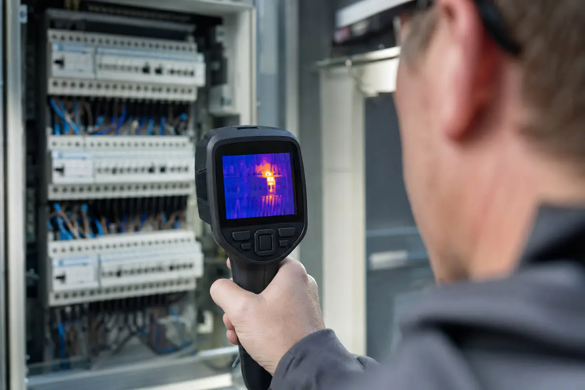 Warmtebeeldcamera toont een warme aansluiting in een verdeelkast tijdens een Scope 10-inspectie