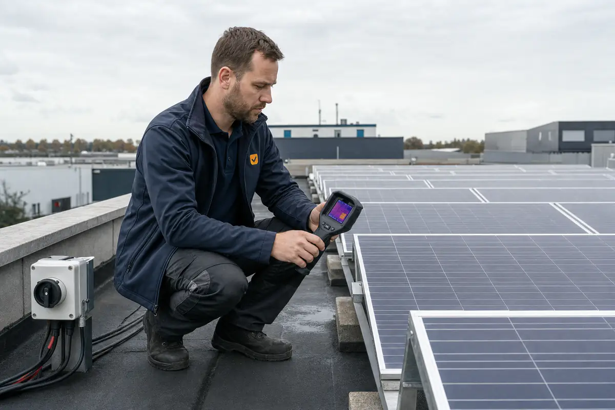 Inspecteur met warmtebeeldcamera bij zonnepanelen op het platte dak van een bedrijfspand
