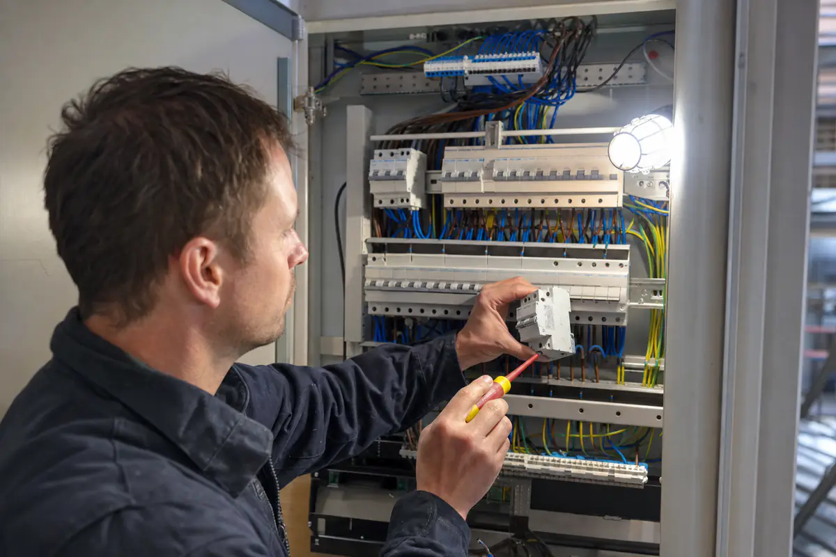 Installateur vervangt een aardlekschakelaar in een verdeelkast