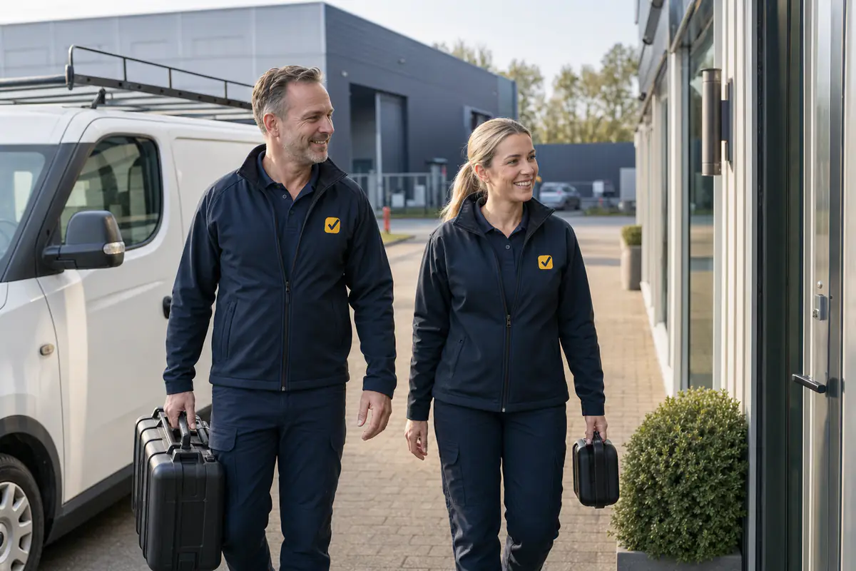 Twee inspecteurs met meetkoffers lopen naar een bedrijfspand